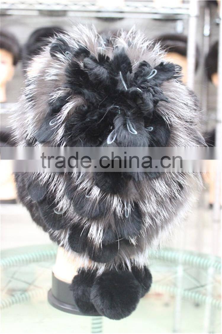 Real Mink Fur Beanies With Silver Fox Fur Pompom Handmade Knitted Hat For Ladies
