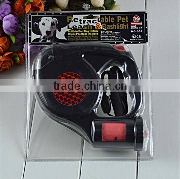 New 2016 Pet traction comes empty garbage bags triple automatic retractable dog leash With LED Light pet traction 4 colored 4.5m