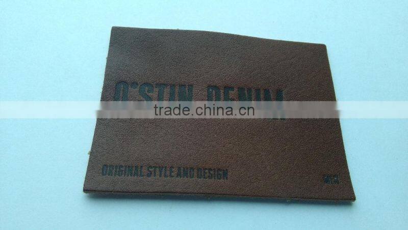 Custom real leather rectangle brown embossed slim patch for jeans