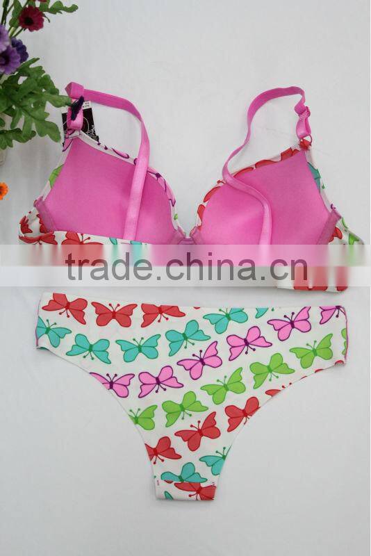 Butterfly Print Hot Sexy Bonded Bra Thong Set Seamless Underwear