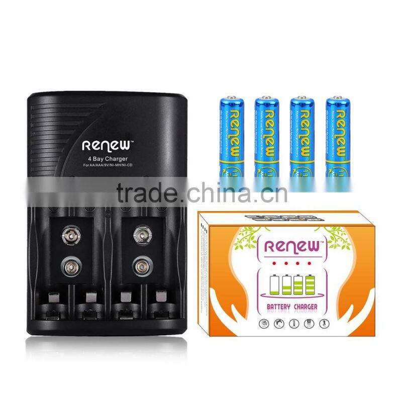 HOT! RENEW S2 4BAY/Slots quick charger with AAA (4-Pack) Ni-MH 1100mAh Super High-Capacity Rechargeable Batteries Pre-charged