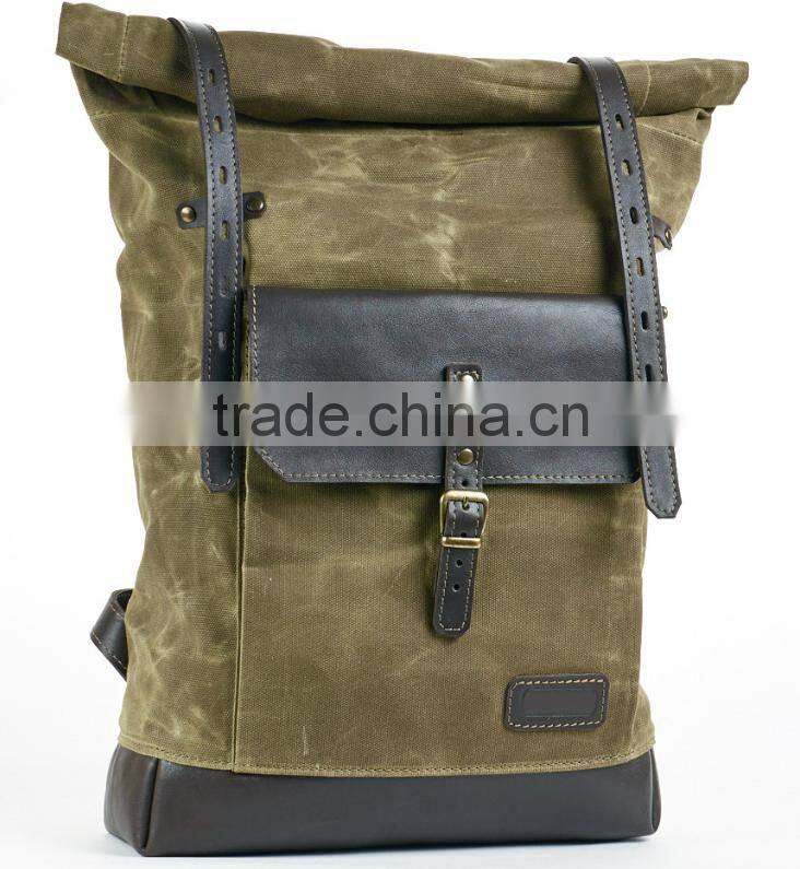 2015 new design army green waxed canvas hiking backpack,large canvas school backpack, vintage laptop backpack for students