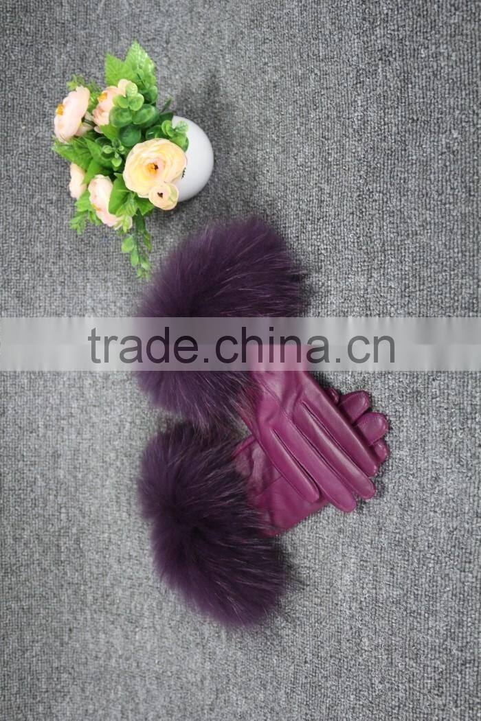 women classic elegant raccoom fur cuff trim sheep leather gloves