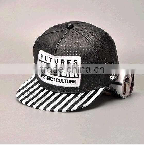 Black leather 6 panel snapback customize cap hat custom