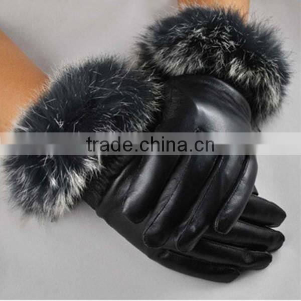 Women's Leather Gloves Autumn Winter Warm Rabbit Fur Gloves Sheepskin Mittens