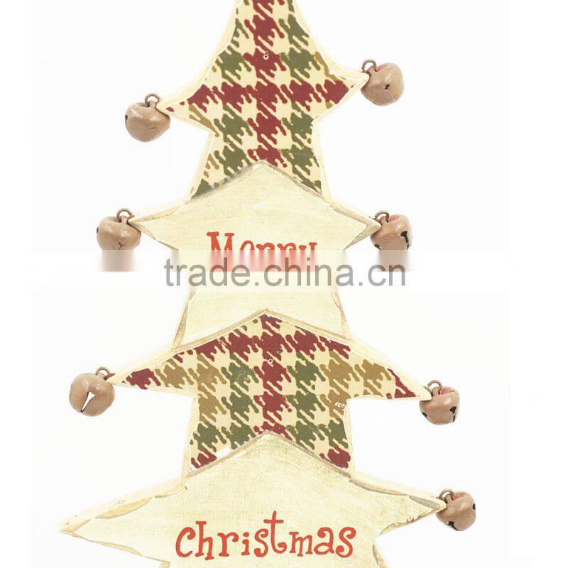 2017 New design mini table Xmas tree decoration carving wood artificial christmas tree with bells