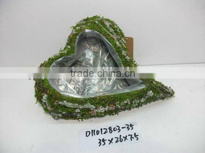 heart-shaped dark brown moss and sisal pot