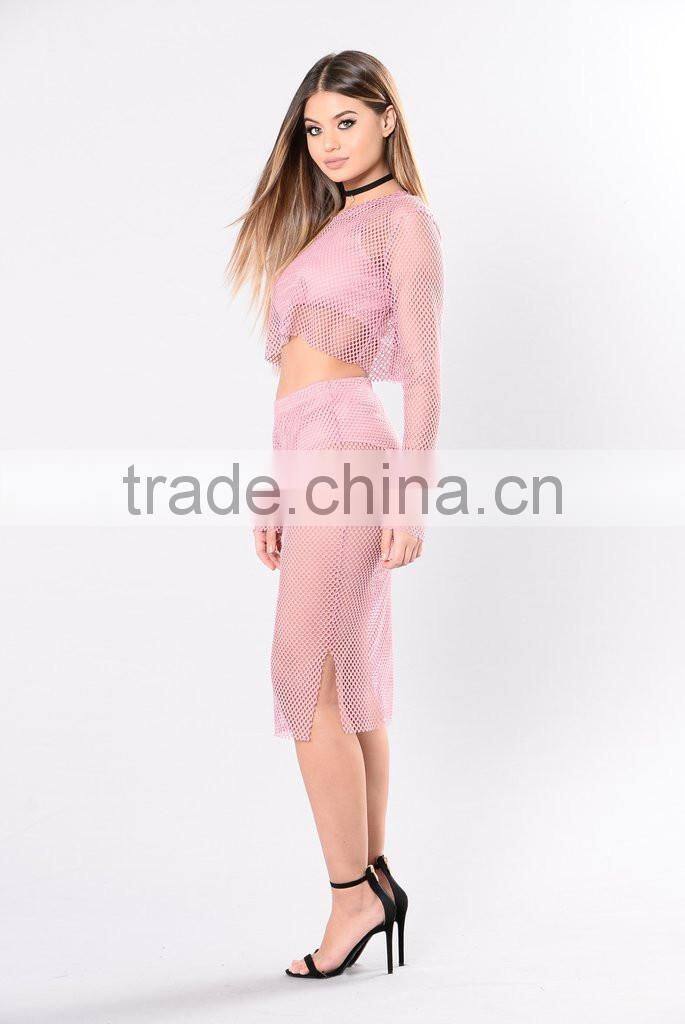 Custom Matching Clothes Long Sleeve Full Mesh Top And Pencil Skirts Suits pictures of long skirts and tops