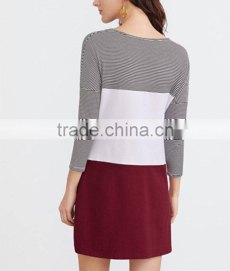 Color Block Drop Shoulder Pocket Front Tee Dress Spring Dress New Arrival 2017 Women Long Sleeve T-shirt Dress