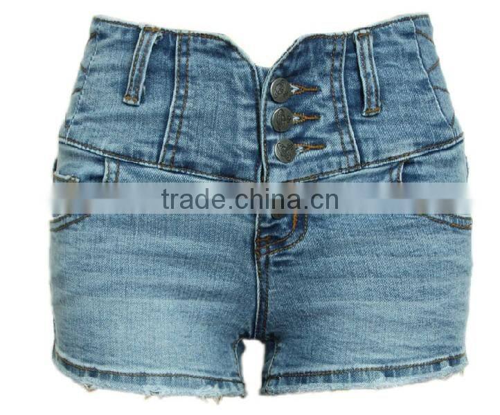 Best selling women fashion high waist buttoned slim fitting plain dyed worn hem jean short pants