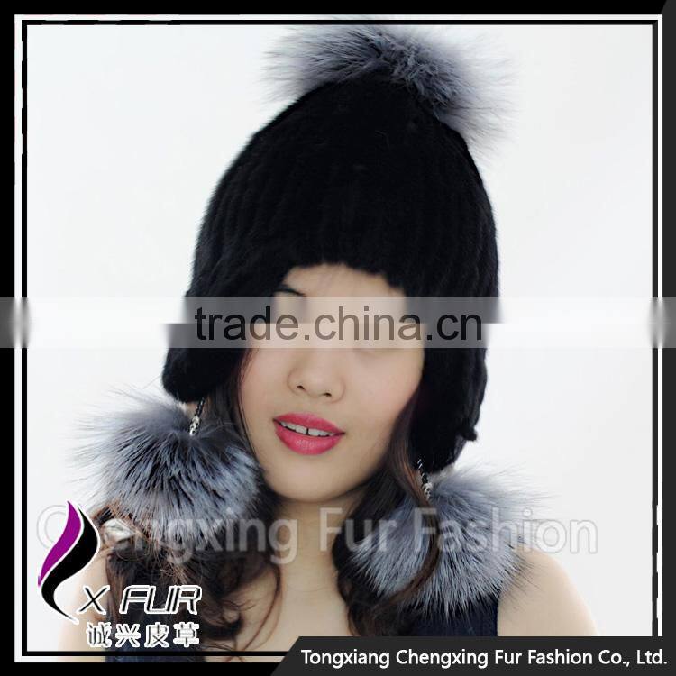 CX-C-42C Lovely Women Genuine Mink Fur Winter Hat Silver Fox Fur Ball