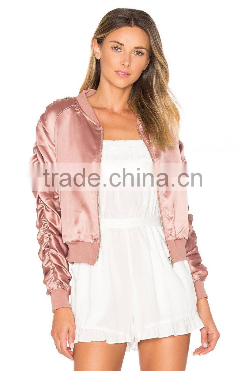 2017 Customize Pleat Pilot Jacket Ribbed Knit Trim Zipper Up 100% Polyester Baseball Jacket With Private Label