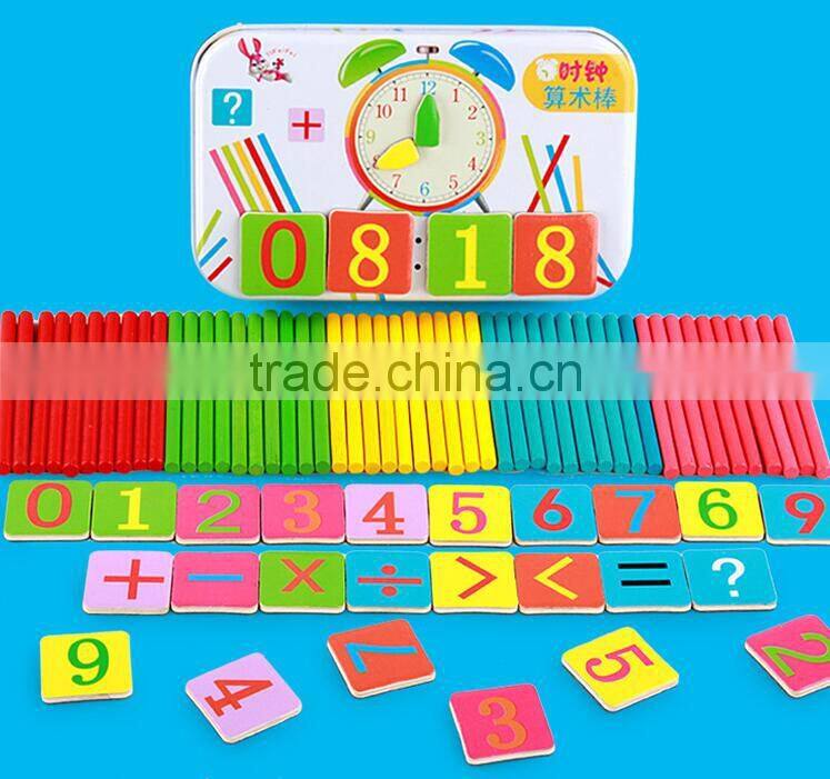 New magnetic wooden count rods arithmetic learning puzzle box with clock time cognition educational toys for kids