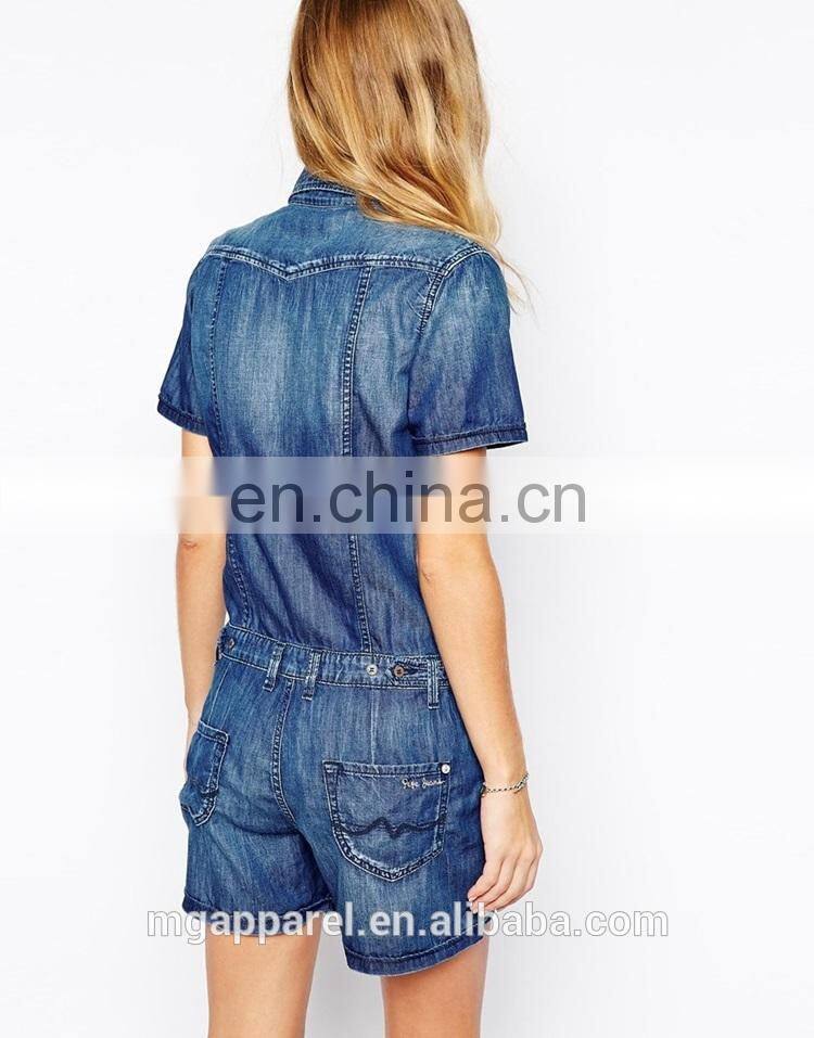Fashion 2015 denim playsuit side pockets jean denim romper for ladies