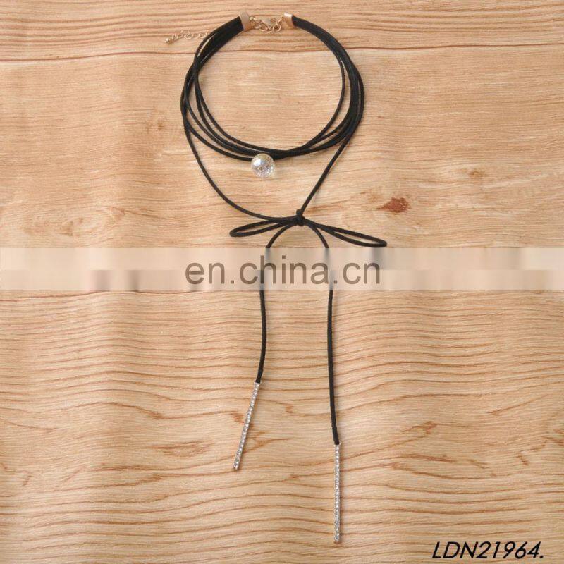 Long Black Layered Leather Thin Double Wrap Choker Bolo Necklace with Gold Tip- Vegan Faux Suede Accessories