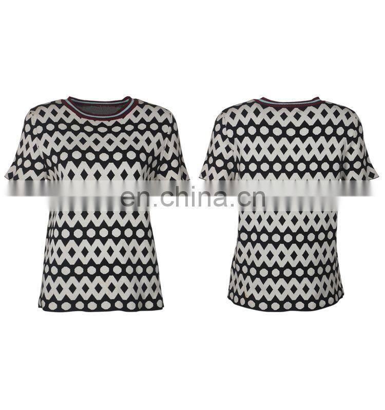 Acrylic Flat knitted sweater for women as stripe collar short sleeve polka dot T-shirt of latest design girls top