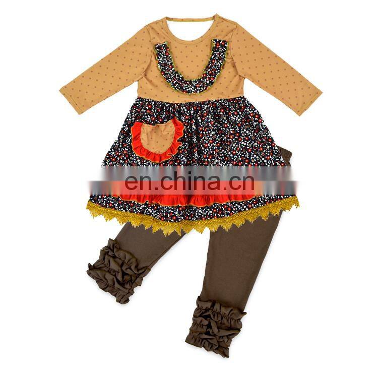 Girl Polka Dots Applique Ruffle Tunic And Stripe Leggings Wholesale Children Clothing Kids Thanksgiving Boutique Outfit