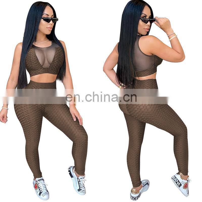 Clothing wholesale custom skinny see-through sexy sleeveless yoga sports suit fashion trend vest trousers suit