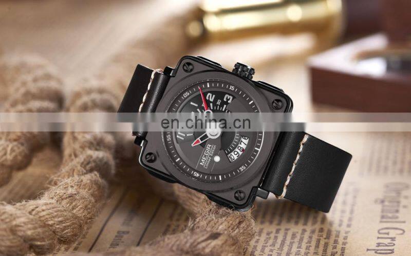Megir 2040 Men's Square Leather Strap Quartz Watches with Calendar Date Waterproof Wristwatch Clock