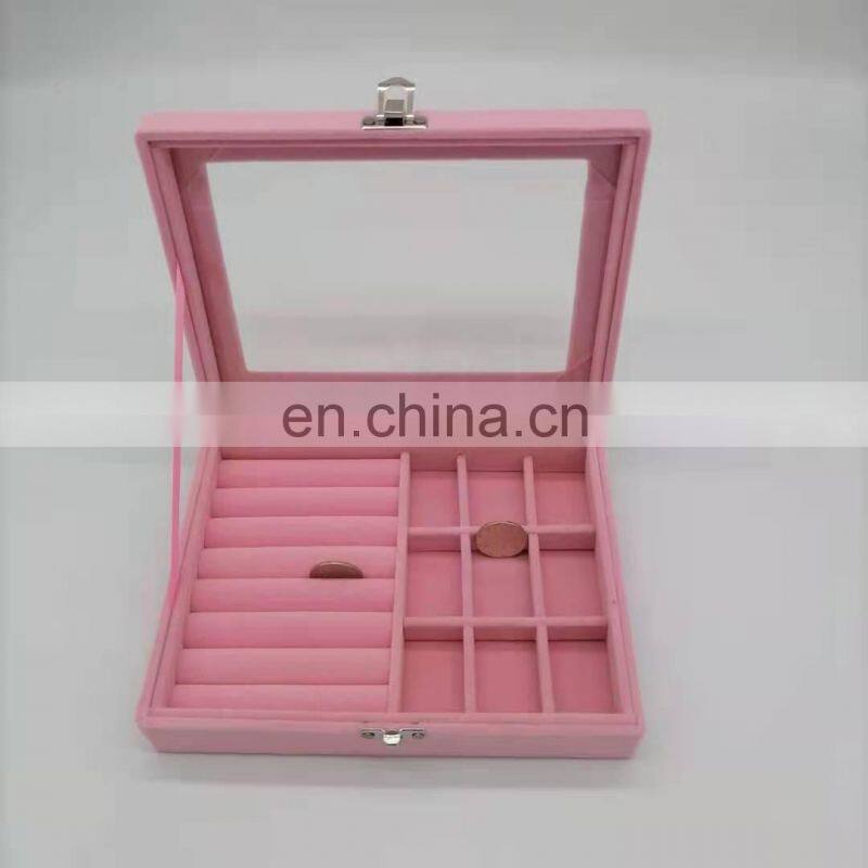 Velvet Glass Ring Earring Jewelry Display Organizer Box Tray Holder Storage Case