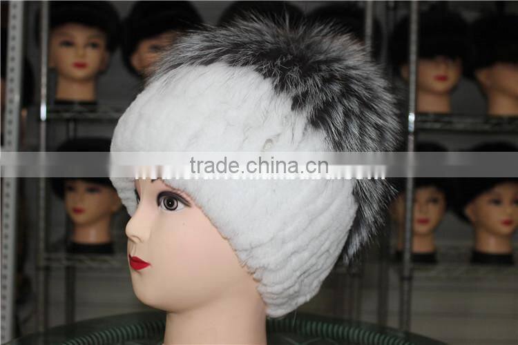 Charm Warm Fur Hat Real Rex Rabbit Fur With Silver Fox Fur Knitted Cap
