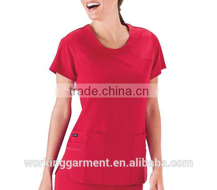 Wholesale OEM Classic Women's 6 Pocket Jewel Neck Solid Scrub/Nurse Uniform/Medical Scrubs /Hospital Uniform Top