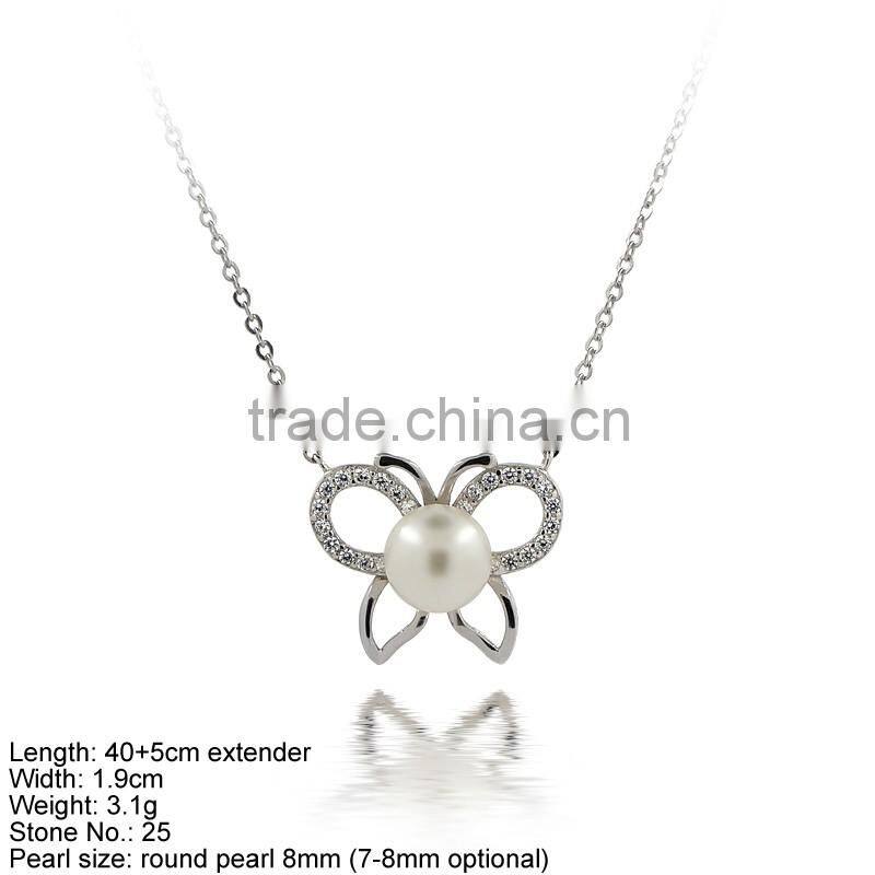 NPA2-001Butterfly Shape 925 Sterling Silver necklace CZ Stones & Pearl