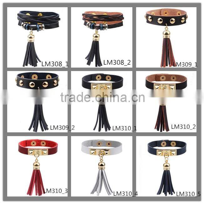 2016 Wrap Leather Bracelet With Shining Diamond And Rivet