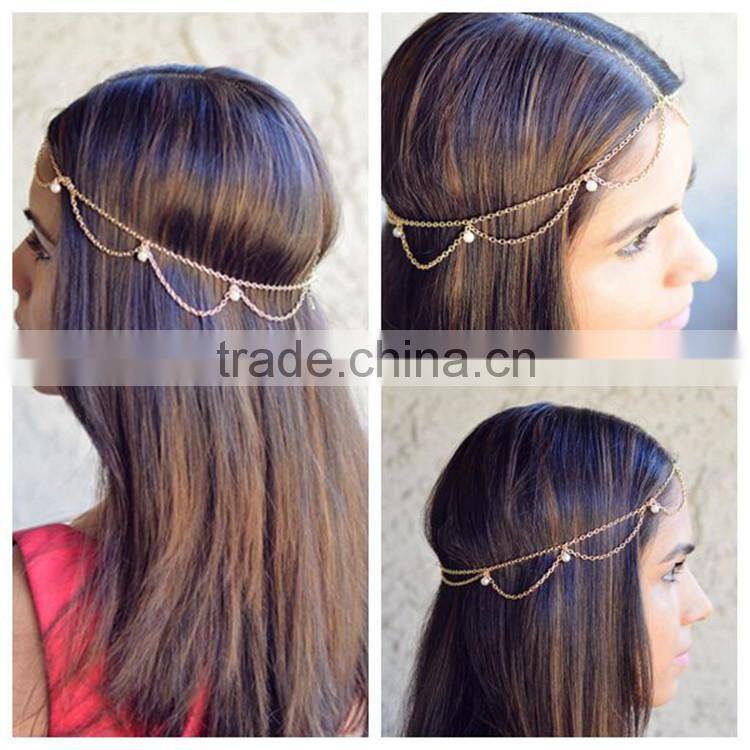 jewelry fashion pearl tassels hair head piece gold chain