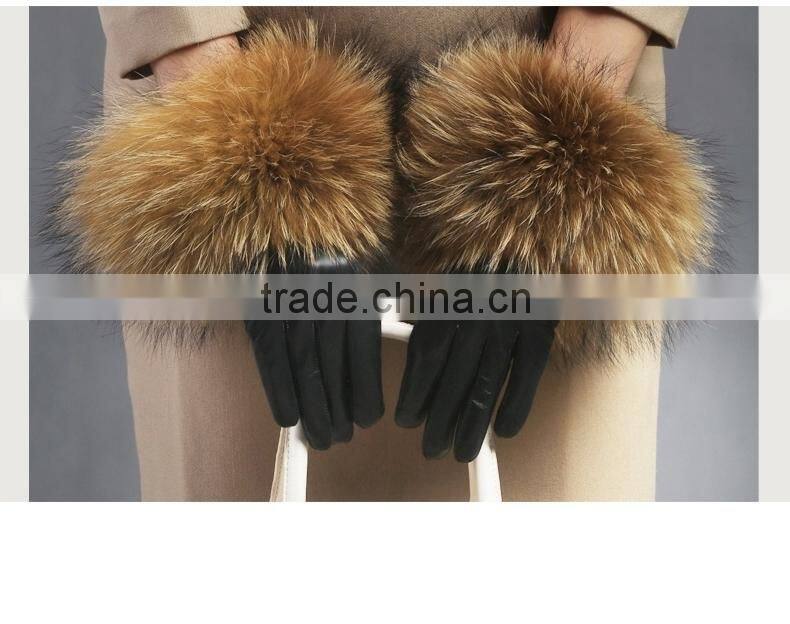 Women Girls Winter Plush Raccoon Fur Leather Mitten Gloves Warm Driving Gift