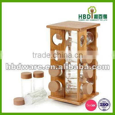 Hot selling high quality glass spice bottle with wood rack,spice rack wholesale