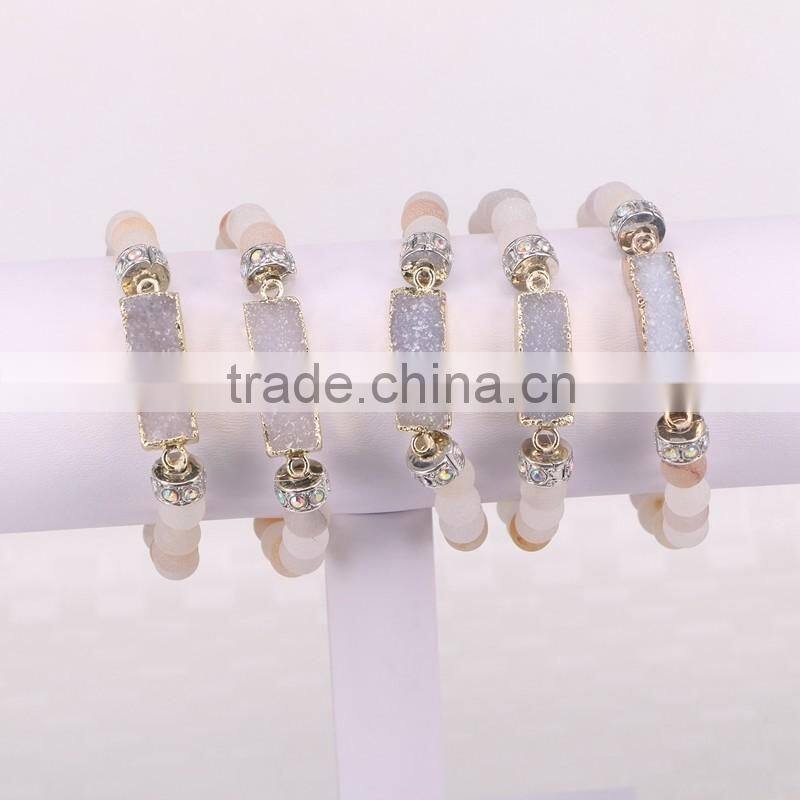 Gold Plated Natural Rectangle Agate Druzy Gemstone Bracelet, with 8mm Frosted Agate Beaded Bracelets Jewelry