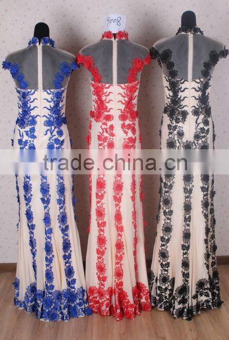 Elegant embroidery high neck cap sleeve tulle long red evening dress