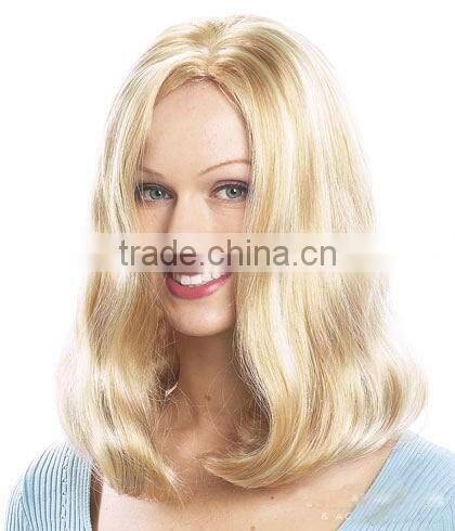 High quality synthetic golden center part wig with blonde highlights