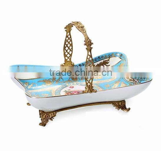 Home Decorative Ceramic Lided Jar Box, Porcelain Decorative Box With Antique Brass Base