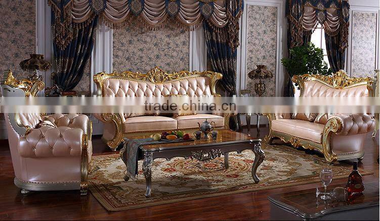 Luxury palace noble living room furniture solid wood hand carved genuine leather sofa set