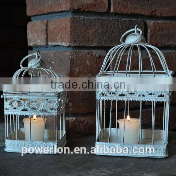 Elegant patio decoration antique white metal S/2 bird cage flower holder
