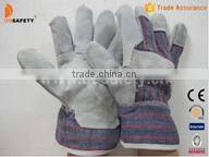 Cow Split Leather Gloves With Patch Palm Stripe Cotton Back