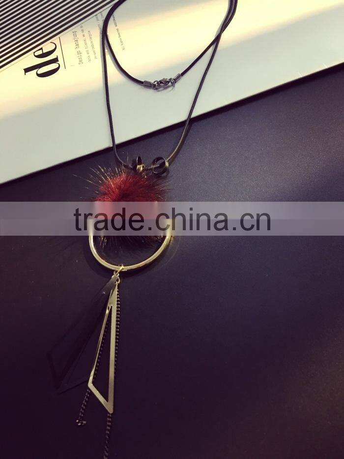 mink fur ball hoop triangle pendant necklace hot selling geometric necklace