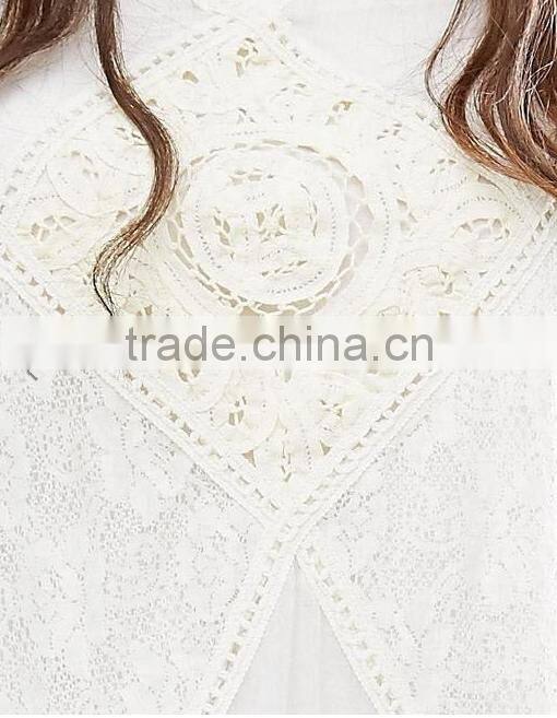Women Summer Bohemian Casual Wear, Swing Style Ivory Top Woven Lace Cotton Mini Dress