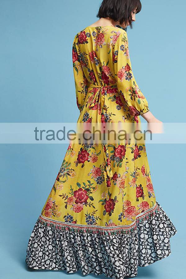 Vibrant Colors Embedded Vintage Long Sleeve Floral Maxi Dress Western Frock Designs For Ladies HSd5158