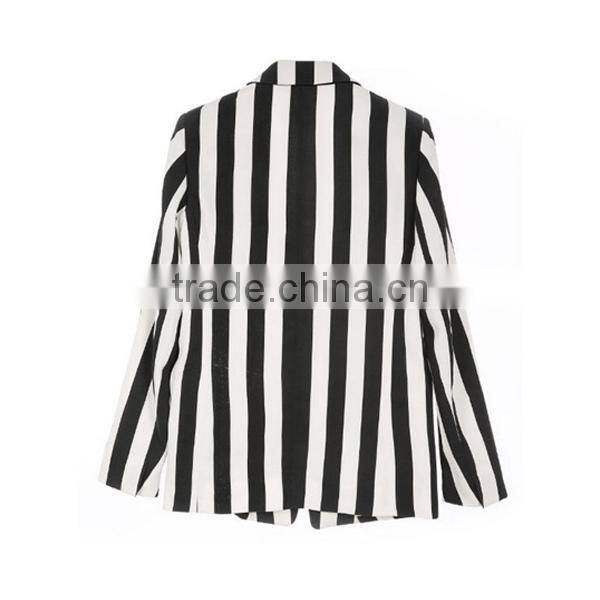 white/black stripe long sleeve women winter jacket with single buttoned
