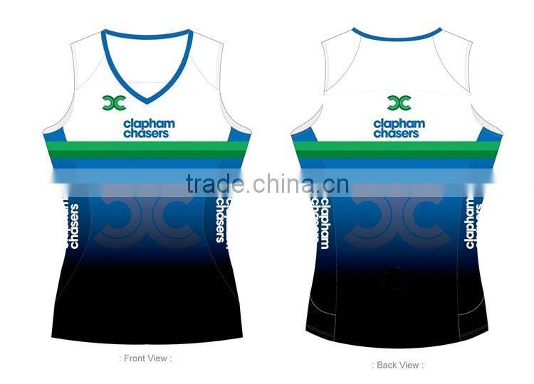 Dry fit women's singlet, narrow on wasit, V neck, full sublimated print