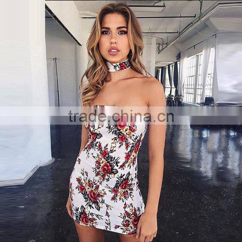 New Sexy Off Shoulder Dresses Women Summer Flowers Bodycon Party Dresses With Choker