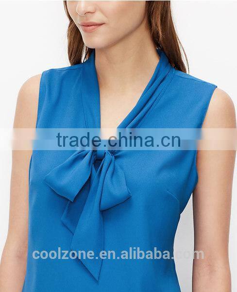 Hot selling fashion crepe blouse knok front sleeveless lady blouse
