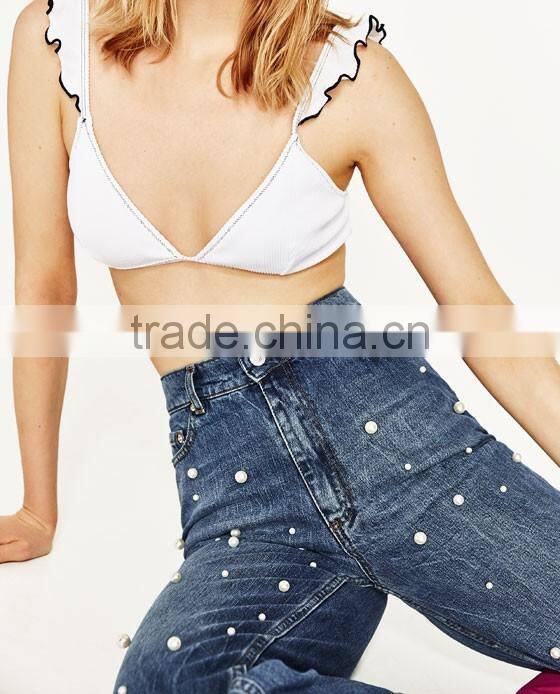 2016 pearl decoration highwaist jeans woman new model jeans pants
