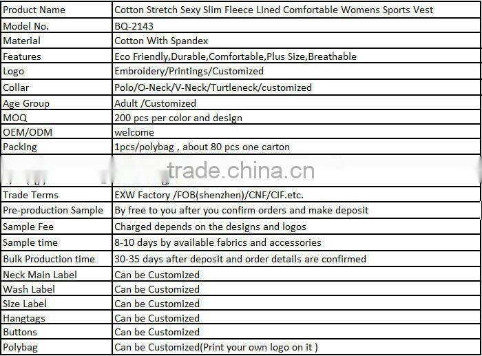 Cotton Stretch Sexy Slim Fleece Lined Comfortable Womens Sports Vest