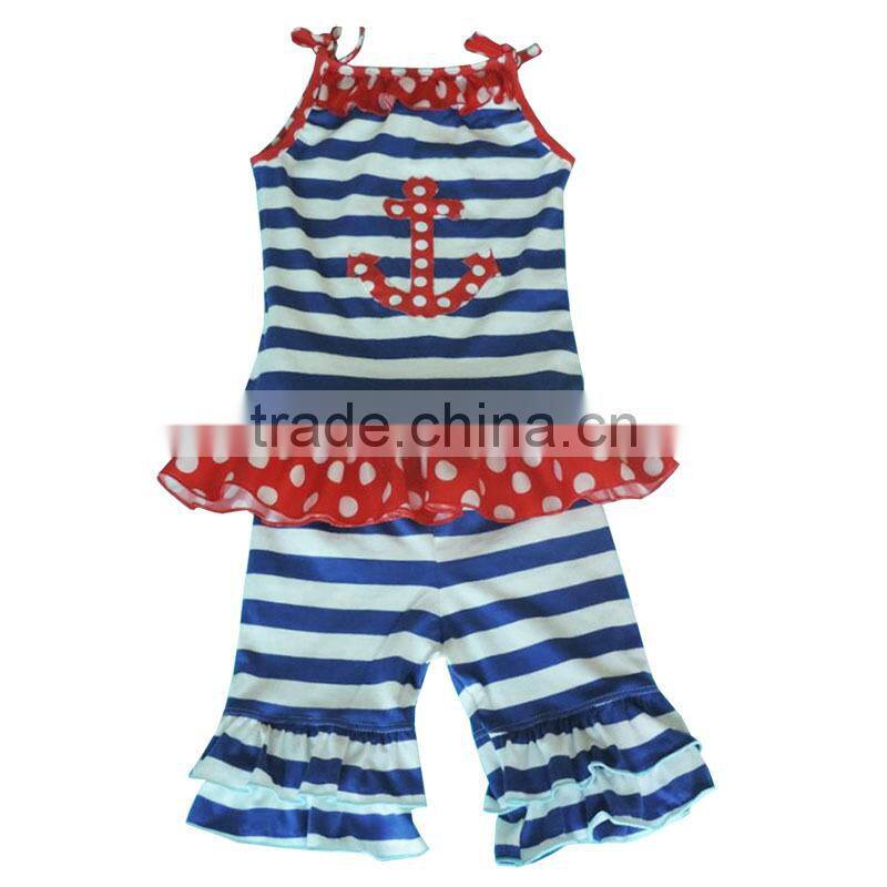 wholesale price 2017 yiwu new sell clothes baby girls sleeveless clothes blue and white stripes shirt with ruffle pants set