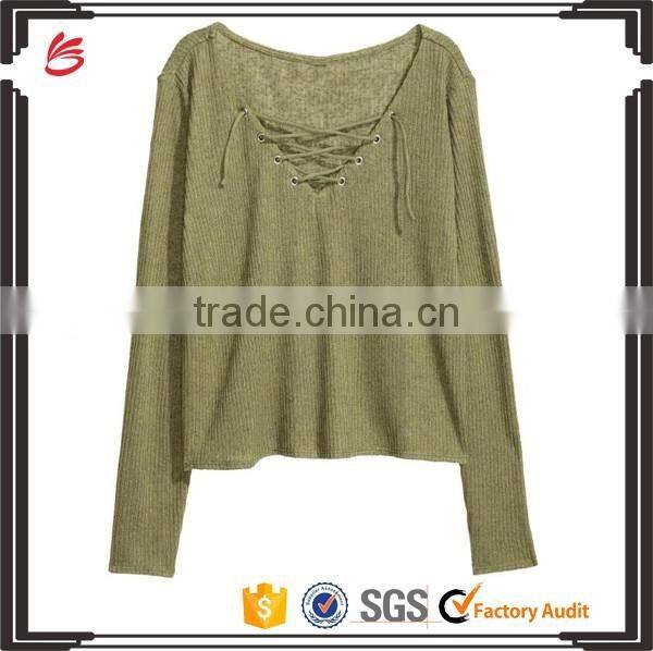 Ladies Wearing Hand Knitted Wool Sweaters with Lacing V-Neck Design