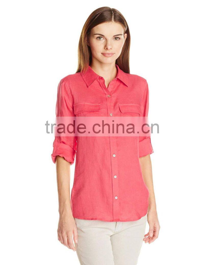 red Roll-Sleeve Top button tab two pocket flaps work shirt